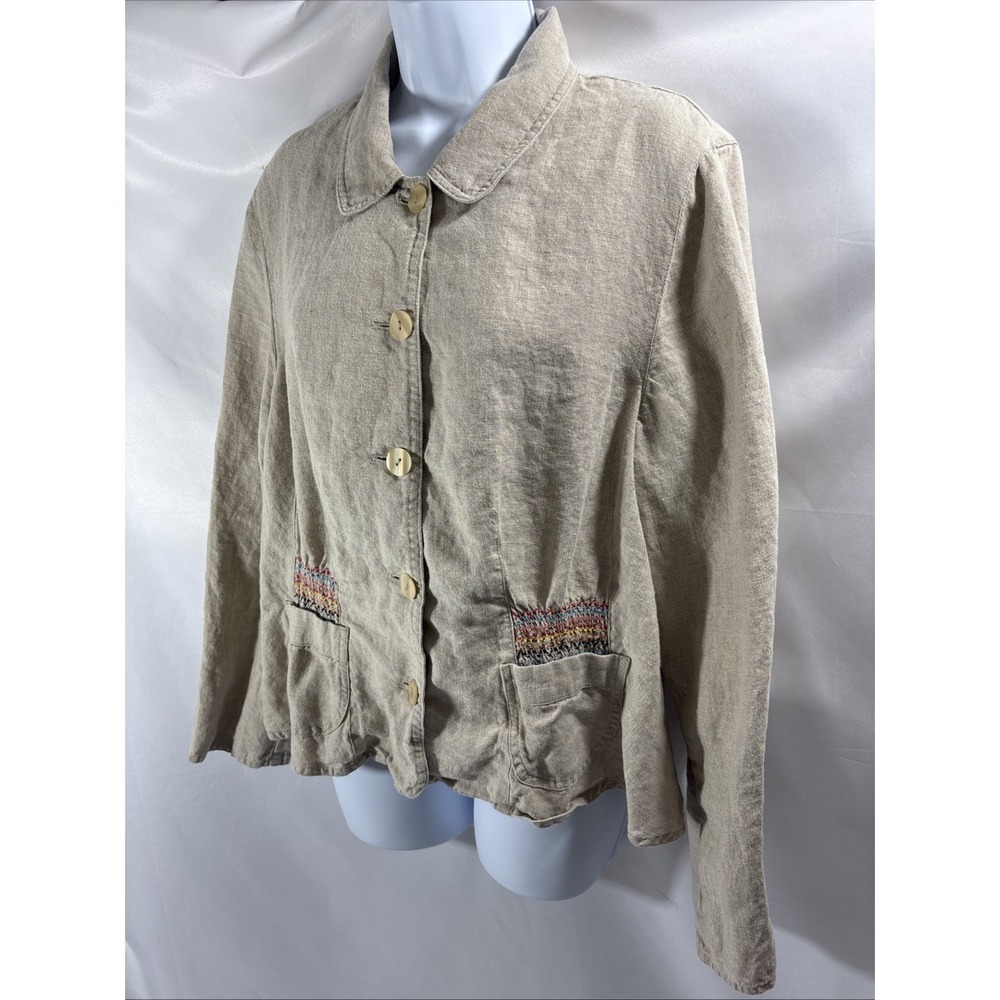 J. Jill Linen Embroidered Blazer Jacket Womens L Beige Smocked Cinched Back Boho - Picture 3 of 8
